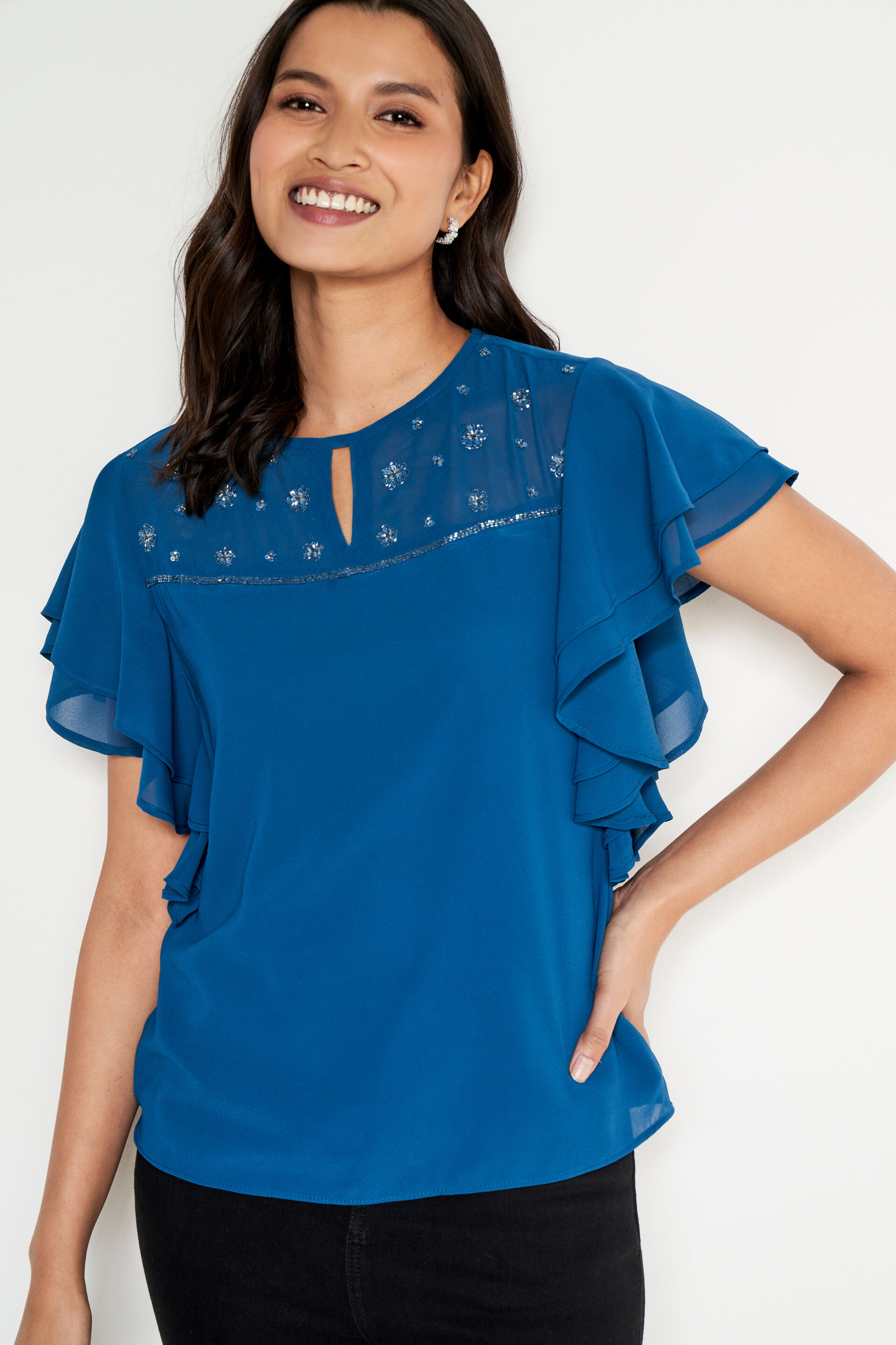 Teal Embellished Yoke Top, Teal, image 1